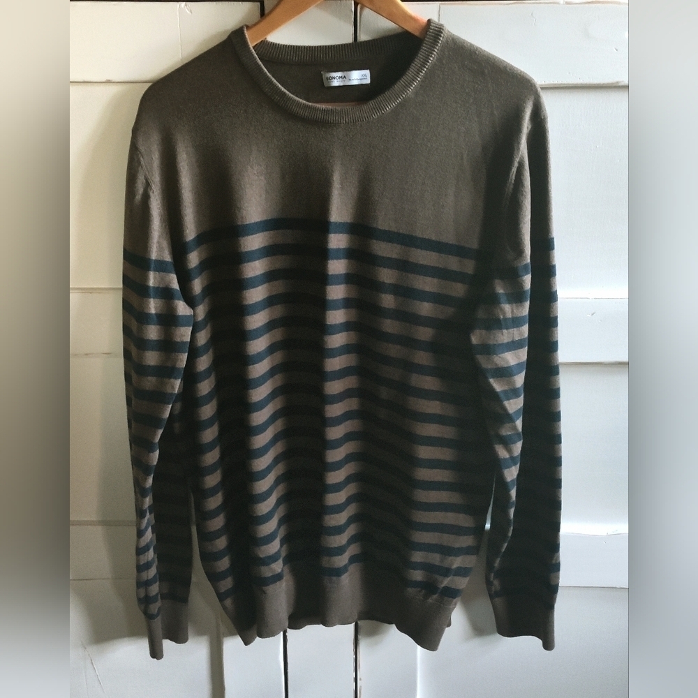 Sonoma Men's Preppy Brown With Navy Stripes Crew Neck Sweater | XXL